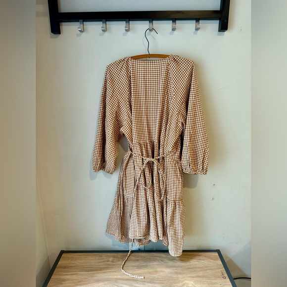 Gingham Puff-Sleeve Wrap Dress in Golden Pecan, size 1X - Picture 8 of 12